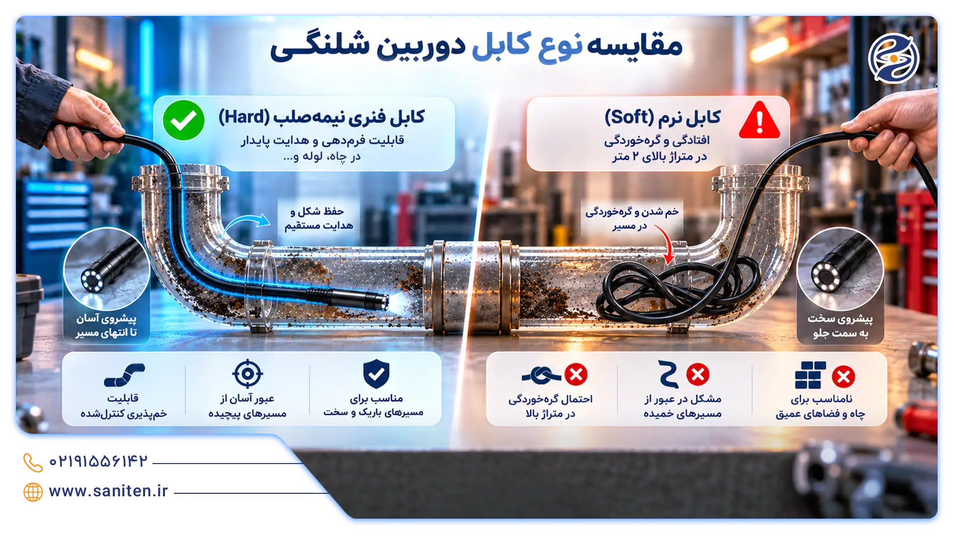 کابل فنری نیمه‌صلب در برابر کابل نرم دوربین بازرسی لوله